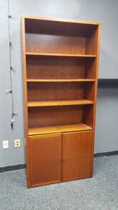 lot 221 image: Wooden Book Shelf w Cabinet.  Measures 79 x 36 x 14 (Matches Lot 222)