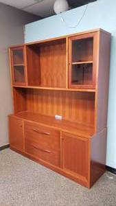 lot 222 image: Wooden Office Desk Hutch w File Cabinets, Cabinets, Shelving.  Measures 79 x 71 x 20 (Matches Lot 221)