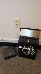 lot 234 image: Locking Wall Mounted Offering Box w Small Locking Cash Box