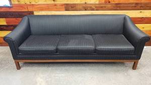lot 242 image: Really Nice Black w Blue & Grey Pinstripes Sofa.  Measures 80 Long