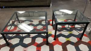 lot 244 image: Lot of 2 Iron w Glass Top Tables.  Measures 36 x 36 x 16 & 27 x 24 x 21