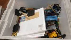 lot 311 image: Large Tote Full of Craft Supplies.  Canvas, Acrylic Paint, Paint Brushes & More