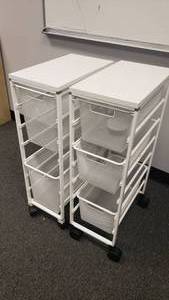 lot 340 image: Set of 2 Elfa White Rolling Cabinet w Mesh Drawers