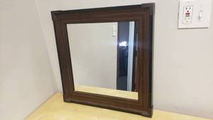 lot 342 image: Wooden Wall Mirror w Industrial Style Metal Corner Pieces. Measures 21 x 21