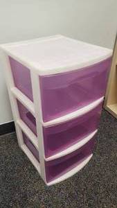 lot 386 image: Sterilite White & Purple 3-Drawer Storage Cabinet