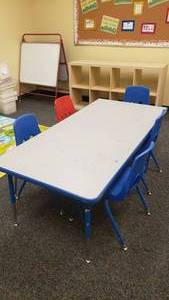 lot 411 image: Rectangle Adjustable Classroom Table & 5 Chairs.  63 x 30