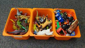 lot 489 image: 3 Bins Full of Toys.  Dinosaurs, Little People & More