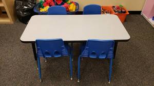 lot 502 image: Short Rectangle Adjustable Classroom Table & 4 Chairs.  48 x 24