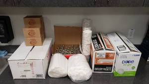 lot 521 image: Large Lot of Misc KitchenServing Items.  Coffee Lids, Plastic Utensil Packs, Cups, Straws, Salt & Pepper Shakers & More