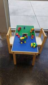 lot 532 image: Kids Lego Duplo table w Chairs & Block Storage.  Blocks Included