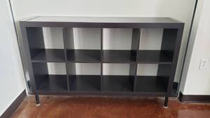 lot 561 image: Ikea Kallax Espresso Brown 8 Shelf Shelving Unit w Legs.  Measures 59 x 35 x 15
