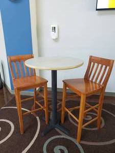 lot 613 image: Barstool Table w 2 Brown Barstool Chairs