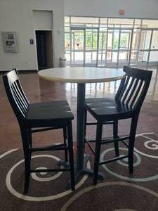 lot 611 image: Barstool Table w 2 Black Barstool Chairs