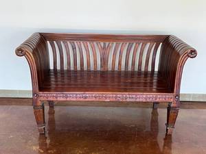 lot 648 image: Beautiful Wooden Bench.  Very Cool Designs.  62 x 34 x 24