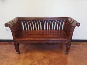 lot 663 image: Beautiful Wooden Bench.  Very Cool Designs.  62 x 34 x 24