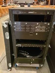 lot 733 image: Rolling Portable Church Cabinet w Lots of Electronics.  Surge SX-1115-RT Surge Eliminator, Behringer PowerPlay P16-I (Qty 2), Shure UA440, Elation Opto Branch-4 DMX Booster
