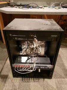 lot 810 image: D-Rack Cabinet w Lots of Electronics.  OnePower RC5-RM Remote Control Monitor, OnePower CQ-1500 A.C. Power Sequencer, Firestudio Firewire Interface & OnePower RC-DM2 Combiner