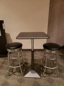 lot 840 image: Industrial Style Metal Adjustable Height Table w 2 Black & Stainless Barstool Chairs