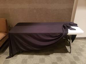 lot 858 image: Lifetime 6 Folding Leg Banquet Table w Black Tablecloth