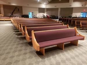 lot 882 image: CHURCH PEWS  Includes 12 Pews of Varying Sizes.  Easily removed with just a few bolts.  Sizes from 7 up to 22.  Takes 1 or take all 12