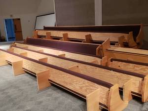 lot 886 image: CHURCH PEWS  Includes 12 Pews of Varying Sizes.  Easily removed with just a few bolts.  Sizes from 7 up to 22.  Takes 1 or take all 12