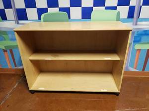 lot 968 image: Wooden Rolling Classroom Storage Bin Cabinet.  Measures 48 x 36 x 18