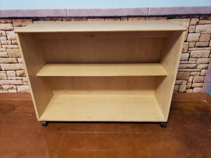 lot 969 image: Wooden Rolling Classroom Storage Bin Cabinet.  Measures 48 x 36 x 18