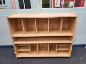 lot 1001 image: Rolling Classroom Organizer Cabinet w Bins & Shelves.