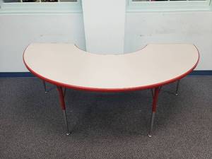 lot 1011 image: Red Classroom Half-MoonKidney Table.  72 Long