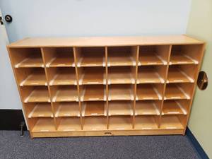 lot 1012 image: JonTi-Craft 30 Bin Rolling Classroom Cabinet.  58 x 35 x 14