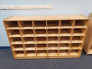 lot 1015 image: JonTi-Craft 30 Bin Rolling Classroom Cabinet.  58 x 35 x 14