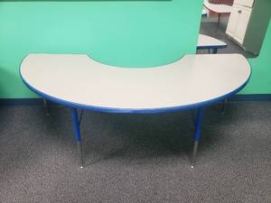 lot 1022 image: Blue Classroom Half-MoonKidney Table.  72 Long