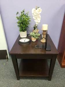 lot 1038 image: Square End Table w Misc Dcor.  Includes Everything Pictured.