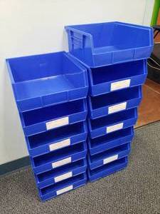 lot 1077 image: Lot of 13 Blue Akro-Bins Storage Containers.  5 x 11 x 11