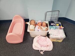 lot 1108 image: Lot of Misc Baby Doll Items.  Dolls, Crib, Clothes & More.