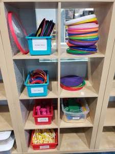 lot 1201 image: Contents of Shelf.  Lot of Frisbees, Flying Disks, Ring Toss, Weights, Jump Ropes & More