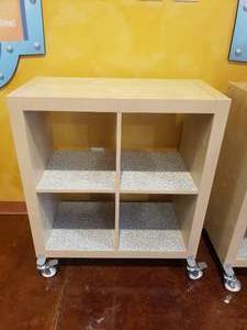 lot 1314 image: Ikea Kallax Natural 4 Shelf Shelving Unit w Rollers.  Measures 31 x 36 x 15
