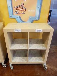 lot 1315 image: Ikea Kallax Natural 4 Shelf Shelving Unit w Rollers.  Measures 31 x 36 x 15