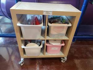 lot 1327 image: Shelf & Contents. Ikea Kallax Natural 4 Shelf Shelving Unit w Rollers & 4 Bins of Misc Crafting Supplies.  Measures 31 x 36 x 15