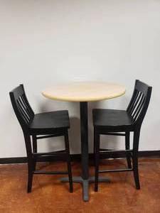lot 1404 image: Bar Height Table w 2 Balck Wooden Barstool Chairs