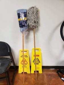 lot 1441 image: Lot of Floor Cleaning Supplies.  2 Mops & 2 Wet Floor Caution Signs