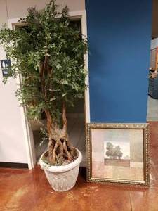 lot 1446 image: Tall Artificial Tree w Framed Wall Print