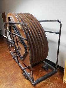 lot 1449 image: Lot of 8 Virco 6060R Wooden 60 Folding Leg Tables w Rolling Table Cart