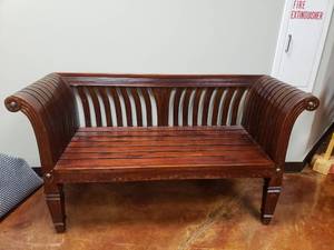 lot 1452 image: Beautiful Wooden Bench.  Very Cool Designs.  62 x 34 x 24
