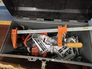 lot 1505 image: Tool Box Full of Misc Clamps.  Bar Clamps, Frame Clamps & More