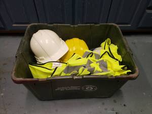 lot 1557 image: Tote w Safety Vests, Hard Hats, Shoe Guards & More