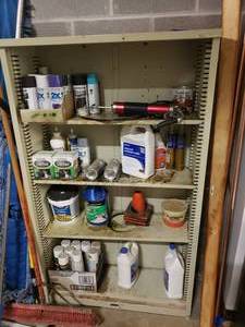 lot 1576 image: Metal Shelf w Contents.  Spray Paints, Chalk Board Paint, Grease Guns, Concrete Sealer & More