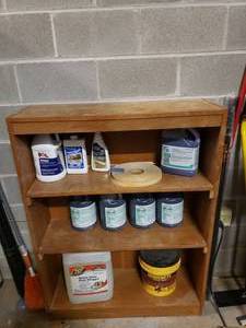lot 1578 image: Wooden Shelf w Contents. Floor Stripper, Cleaners, Hepacide & More