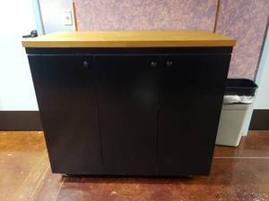 lot 1612 image: Large Rolling Storage Cabinet w Butcher Block Top.  Measures 49 x 43 x 25.5