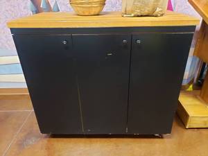 lot 1673 image: Large Rolling Storage Cabinet w Butcher Block Top.  Measures 49 x 43 x 25